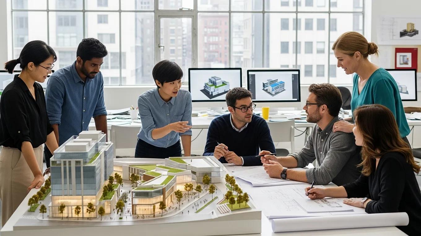 Architects discussing a commercial building model in a collaborative office environment Architects discussing a commercial building model in a collaborative office environment