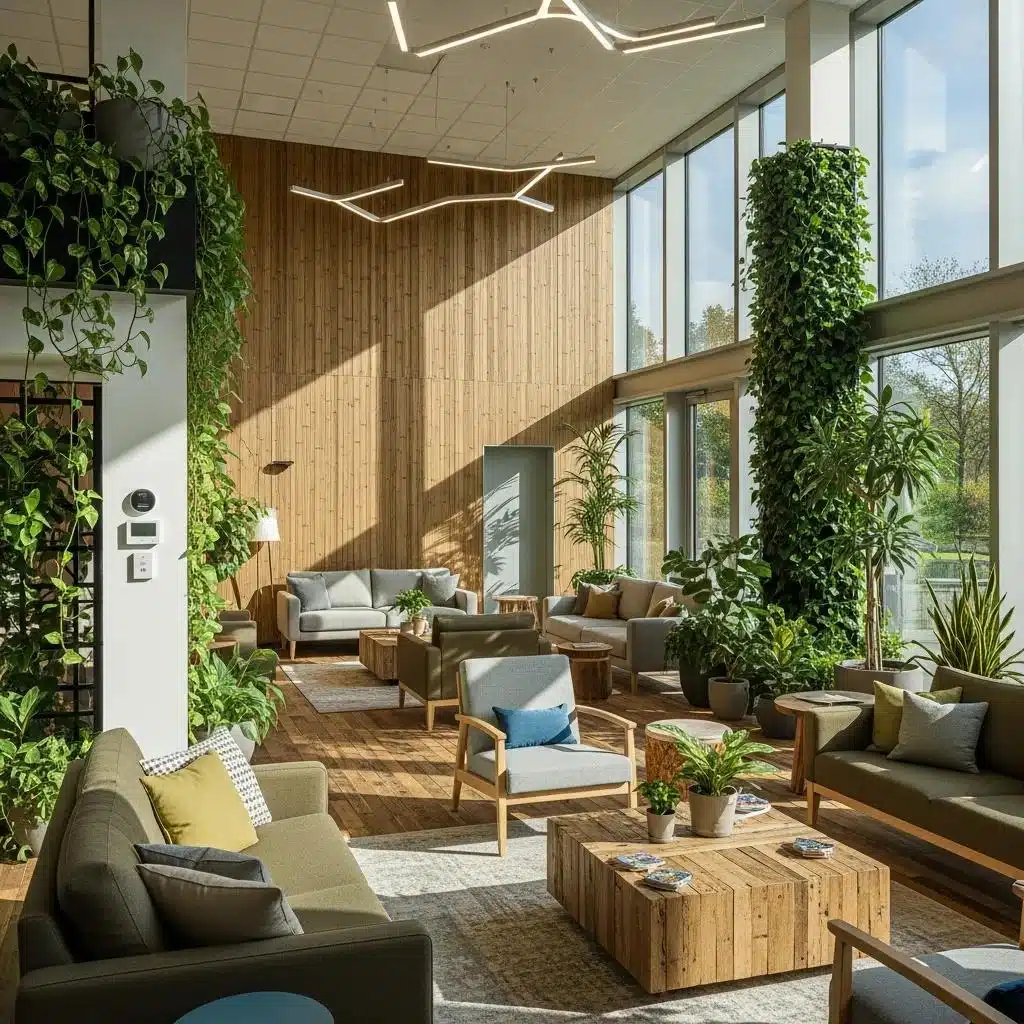 Eco-friendly commercial interior showcasing sustainable design features and natural light Eco-friendly commercial interior showcasing sustainable design features and natural light