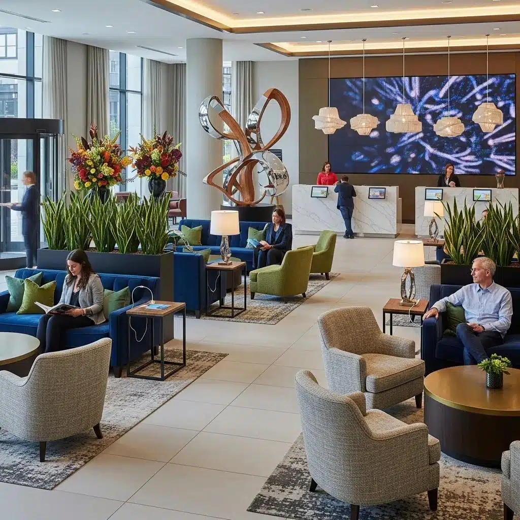 Modern hotel lobby design reflecting current trends in hospitality for Rhode Island Modern hotel lobby design reflecting current trends in hospitality for Rhode Island