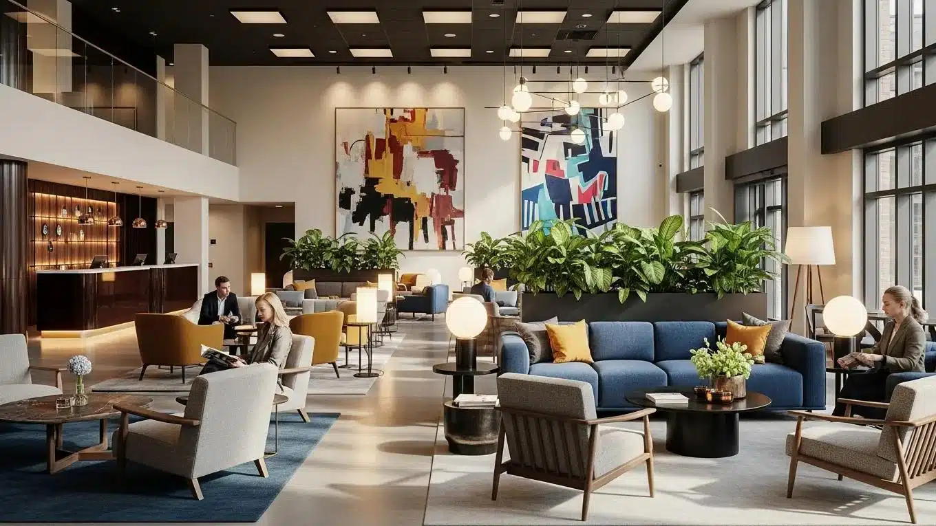 Stylish hospitality lobby designed for guest experience and comfort Stylish hospitality lobby designed for guest experience and comfort
